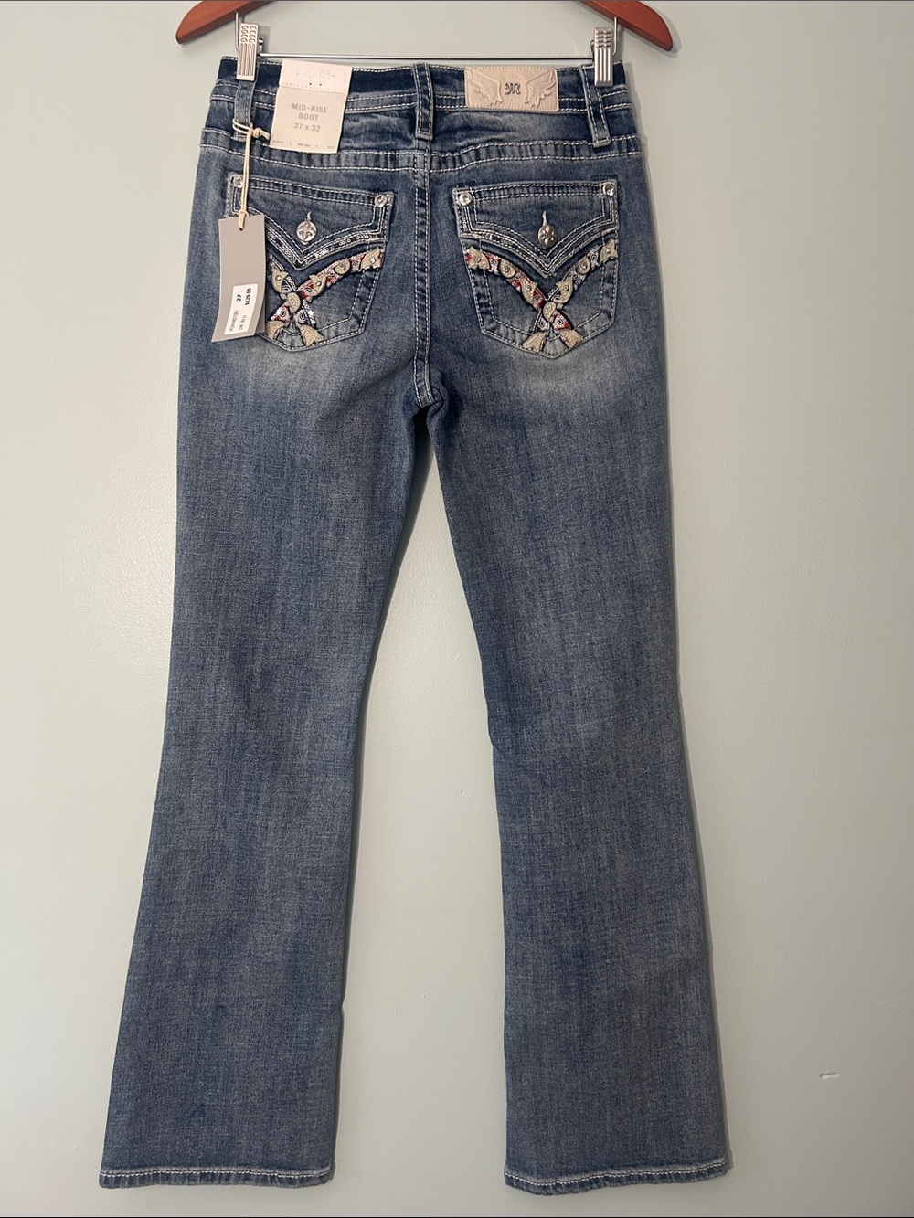 Miss Me 27 x 32 Jeans Mid-rise Boot cut Dark Blue Faux Flap Pocket Slim Fit NWT
